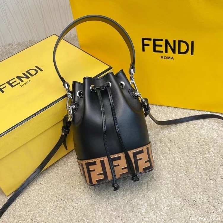 HOT Brown Tresor Bag Mon Black Motif Fendi Leather Bucket FF Mini In Calf 0713